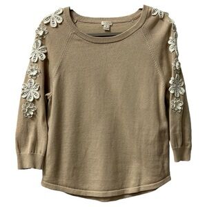 J. Crew Women’s Tan Flower Appliqué‎ 3/4 Sleeve Sweater  Sz M